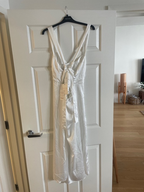 Show Me Your MuMu White Satin Midi Slip Dress with Ruched Bust - Picture 2 of 3